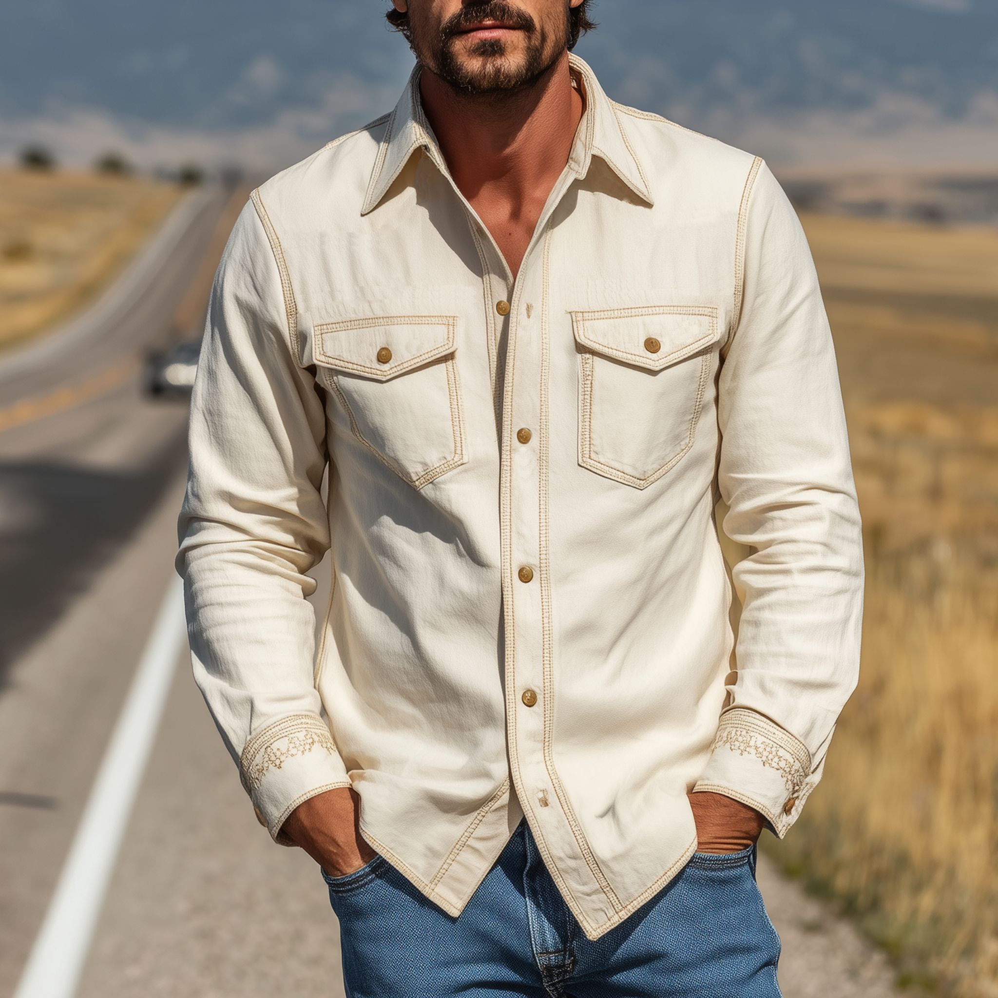 Men's Spring And Summer Fashion Casual Cotton Blended Cuff Embroidered Long Sleeve Shirt MTA1732G7K