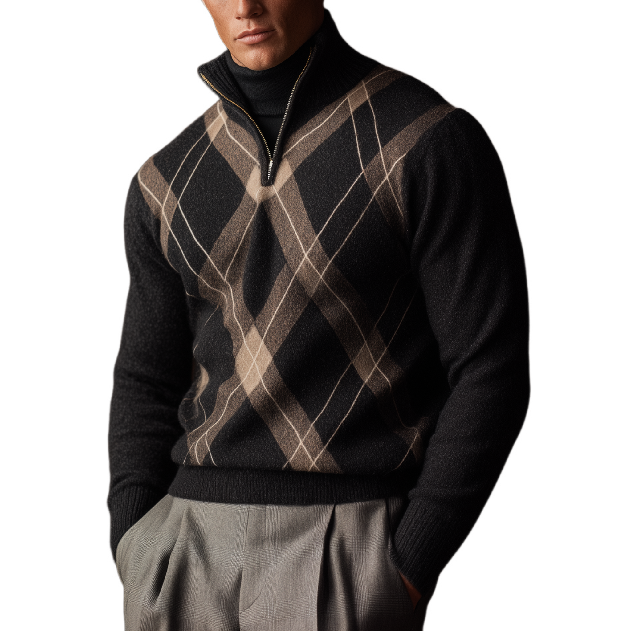 Men's Classic American Retro Stand Collar Zipper Jacquard Sweater MTA0485I5K