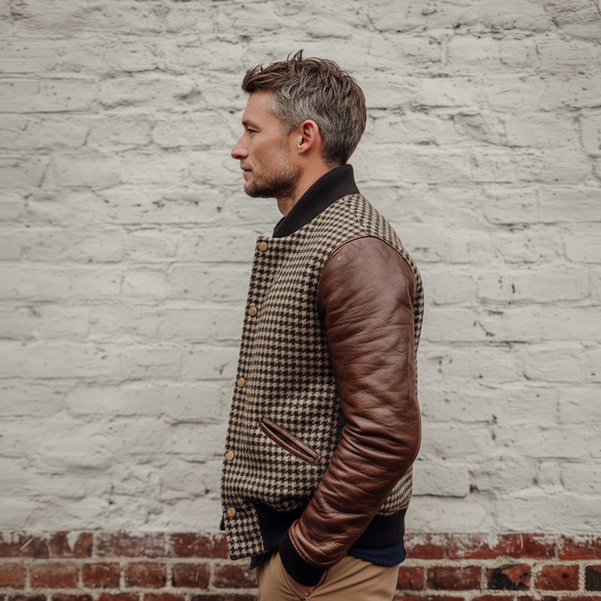 Men's Classic Casual Sleeves Stitching PU Leather Button Imitation Houndstooth Flight Jacket MTA2108J4K