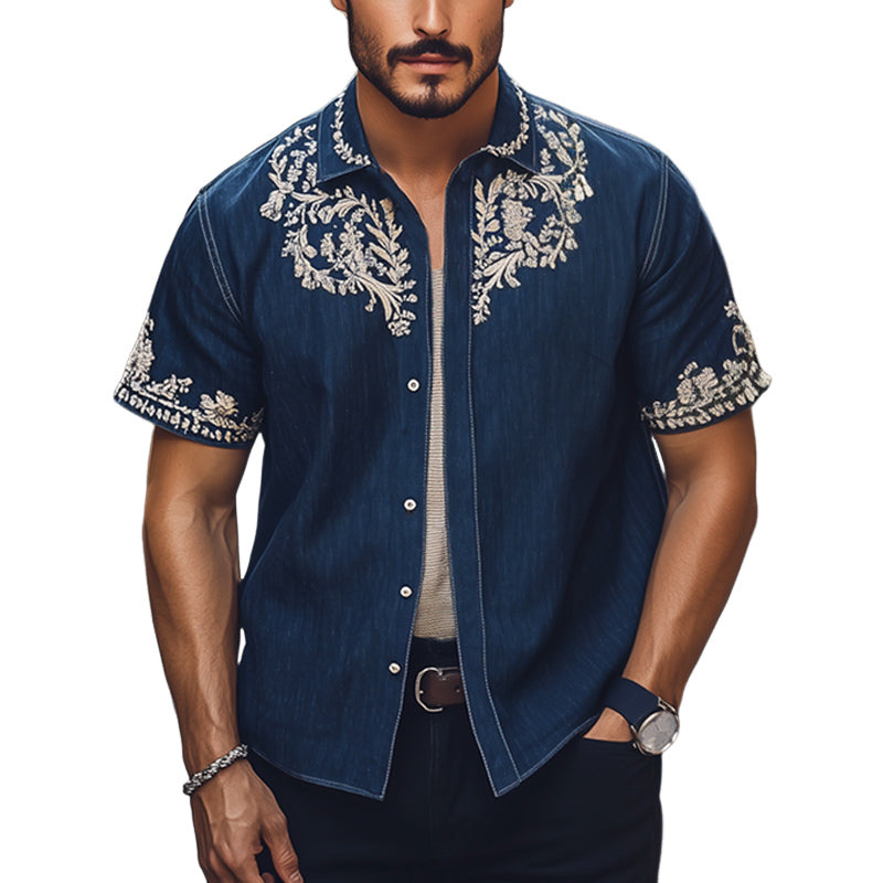 Men's Summer Silver Embroidered Lapel Denim Short Sleeve Shirt MTA2270E6U