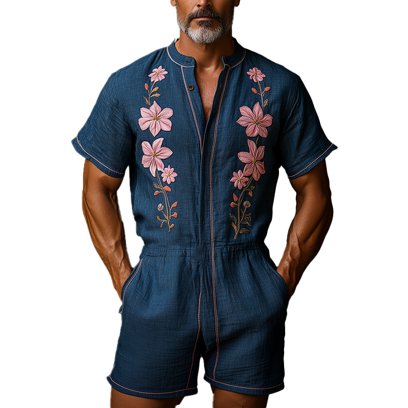 Men's Summer Fashion Floral Embroidery Slub Cotton Short Sleeve Jumpsuit MTA1259F3P