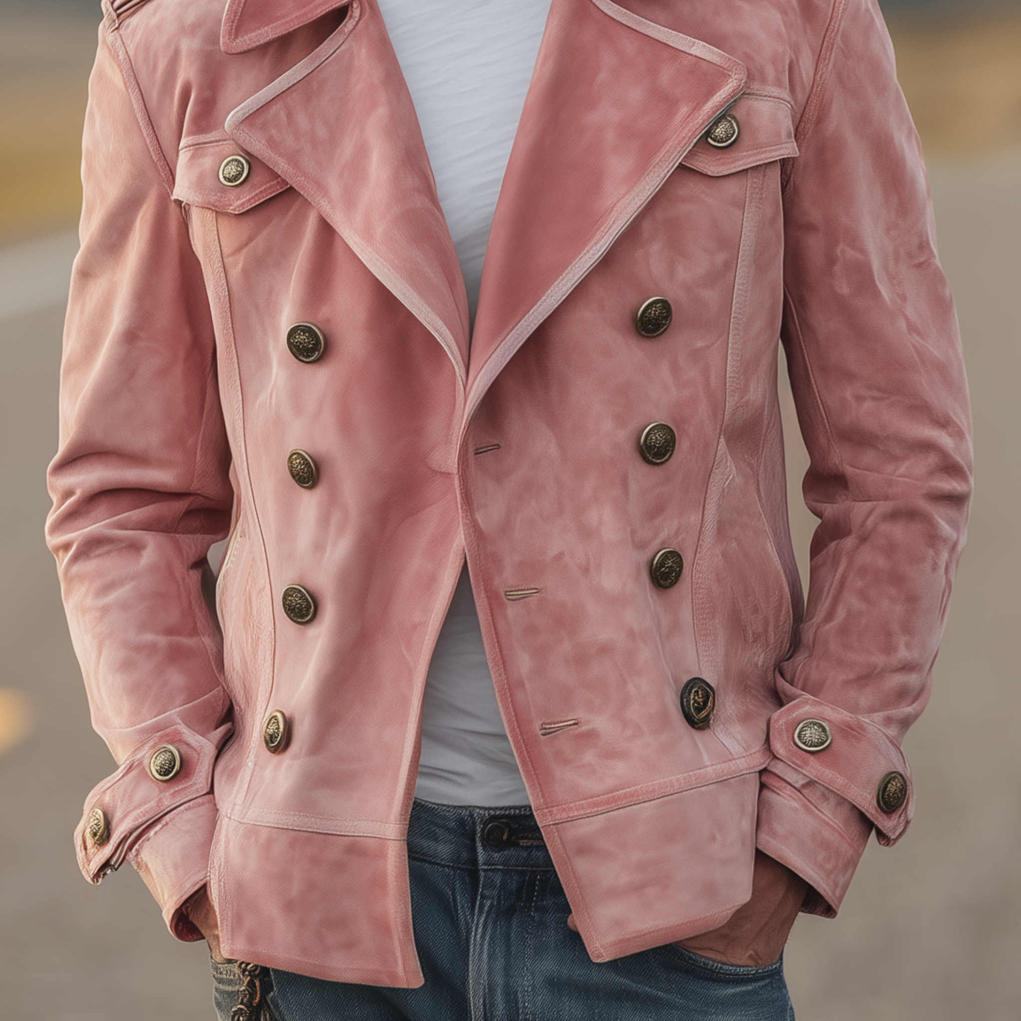 Men's Classic Retro Western Style Lapel Suede Epaulette Double-breasted Jacket MTA0801H7K