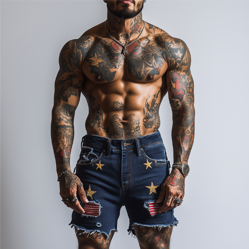 Men's American Flag Stars Embroidered Denim Shorts MTA1759F8X