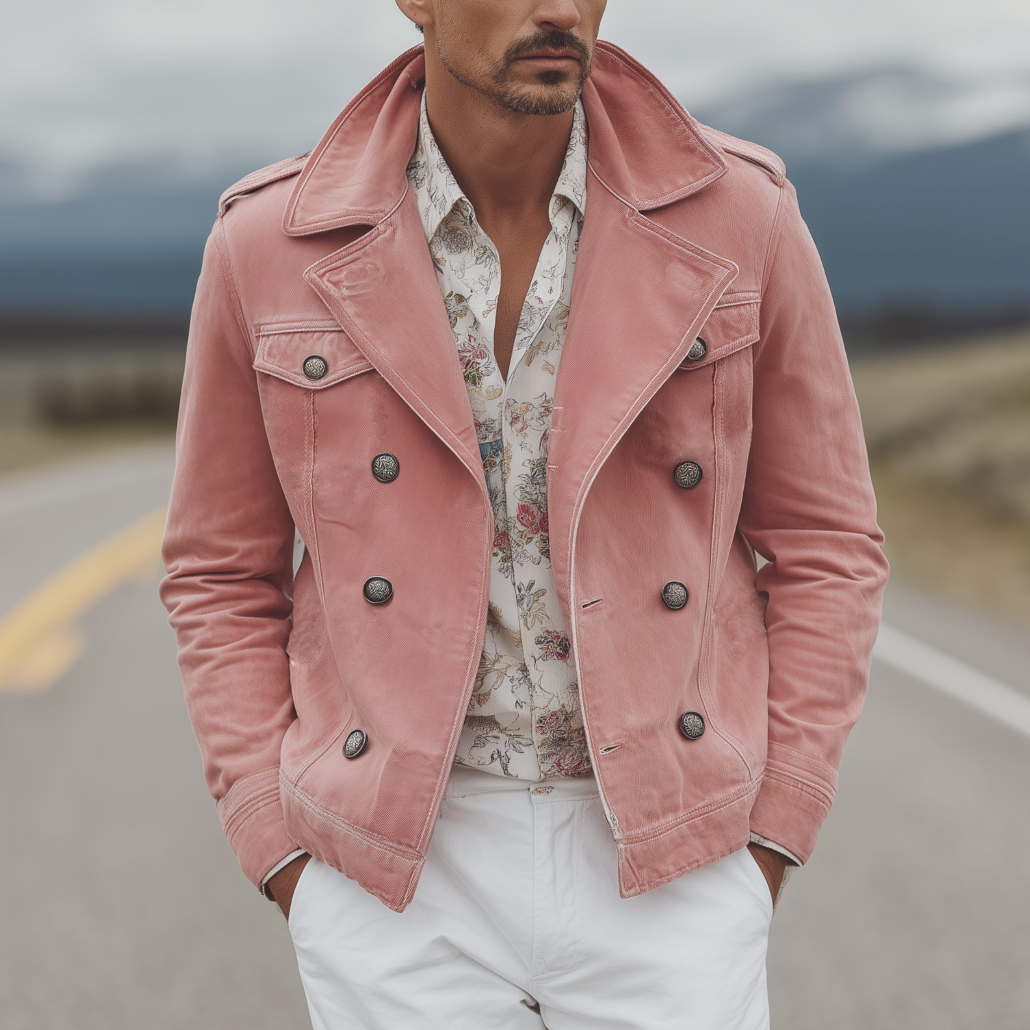 Men's Classic Western Vintage Lapel Washed Pink Denim Double Breasted Jacket MTA0309I2K