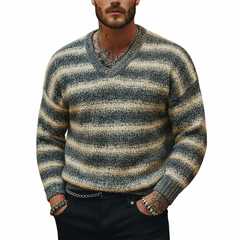 Men's Fashion Striped Polyester Faux Wool V-Neck Slim Fit Sweatshirt MTA1741J3P