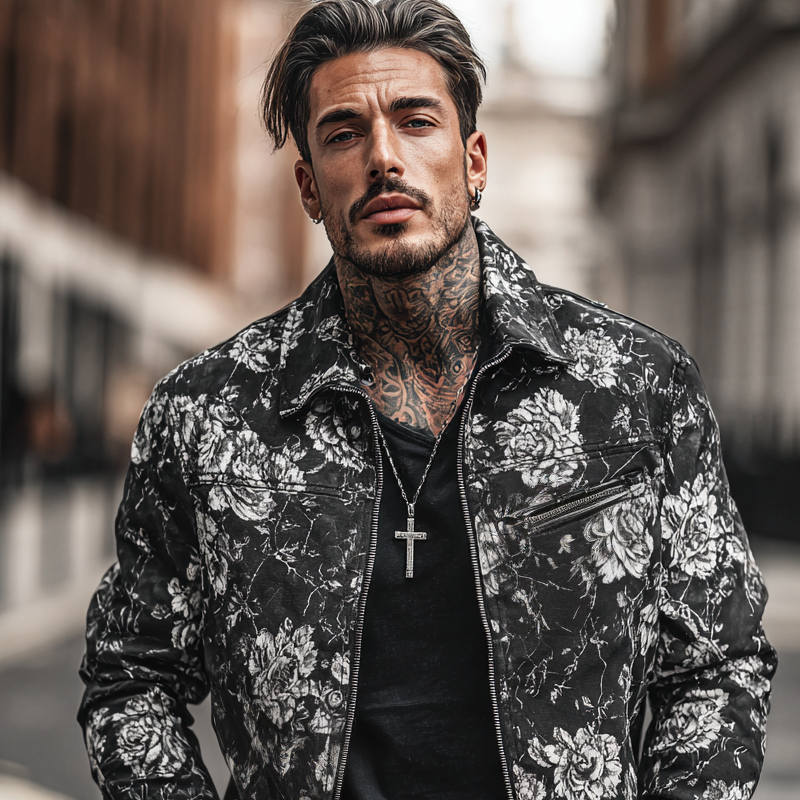 Men's Fashion Floral Print Lapel Chest Pocket Zipper Jacket MTA0125H2Z