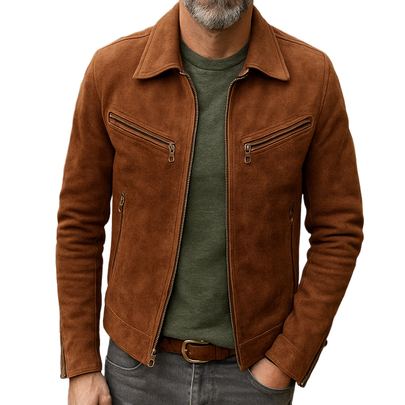 Men's Casual Retro Style Solid Color Suede Zipper Lapel Jacket MTA0644H3TO