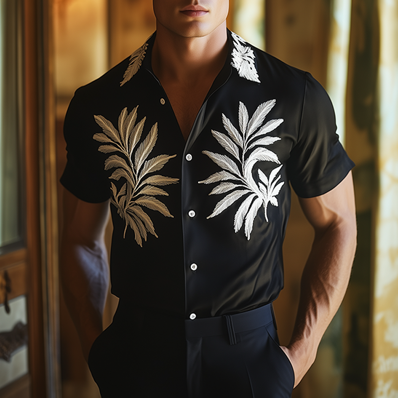 Men's Retro Casual Embroidered Lapel Short Sleeve Shirt MTA2315F0TO