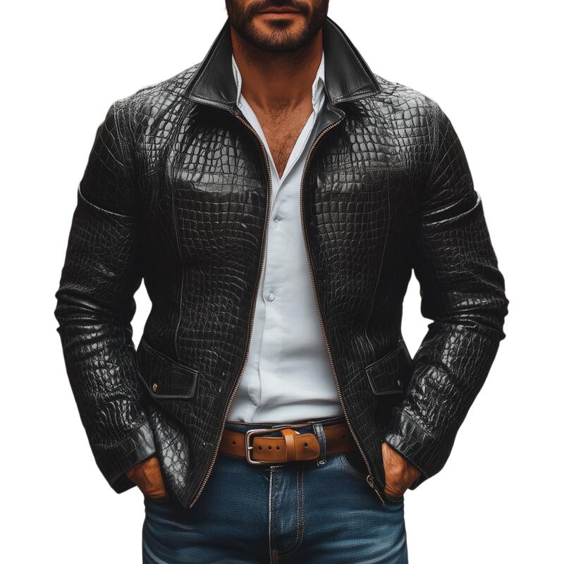 Men's Fashion Vintage Crocodile Pattern PU Lapel Zipper Placket Slim Fit Jacket MTA2197H1M