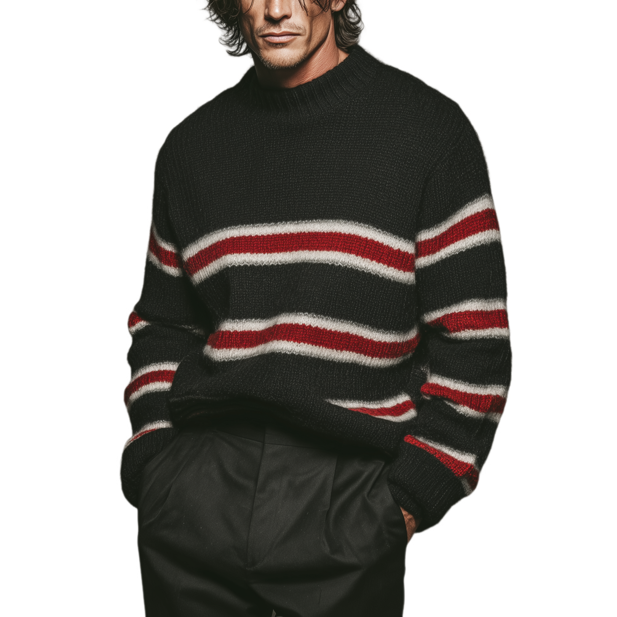 Men's Classic Casual Crew Neck Contrast Stripe Sweater MTA1835I3K