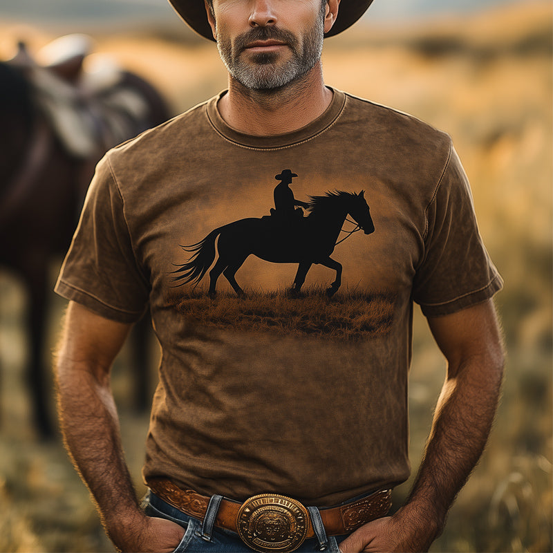 Men's Western Cowboy Style Printed Crew Neck T-Shirt MTA2893D6U