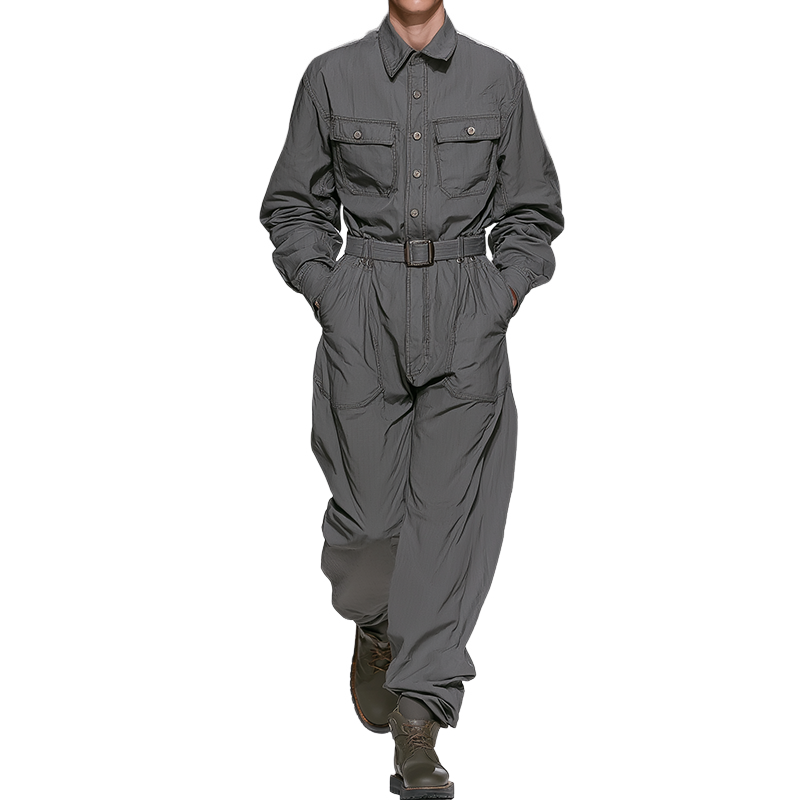 Men's Retro Casual Cotton Solid Color Loose Shirt Workwear Jumpsuit MTA0466H1TO