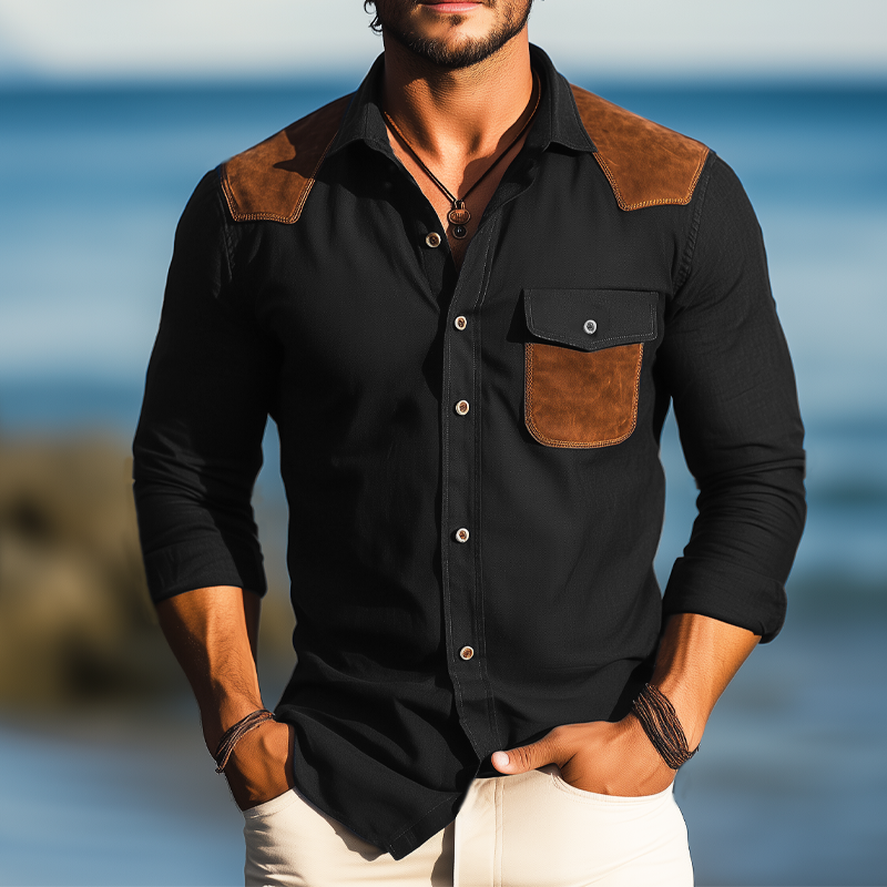 Men's Business Cotton Suede Stitching Long Sleeve Shirt MTA2862G5U