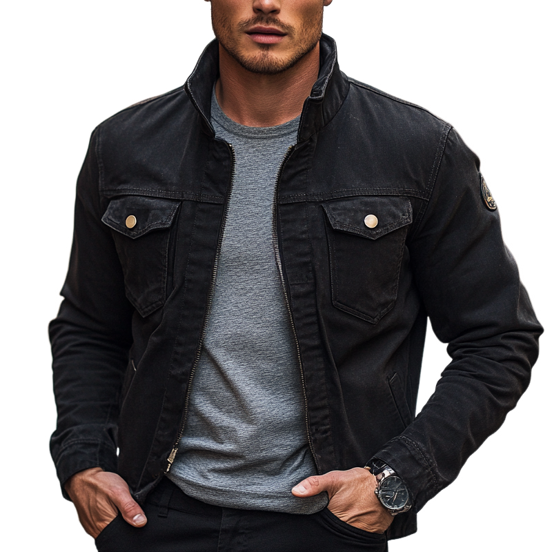 Men's Black Cotton Solid Stand Collar Jacket MTA1664H9X