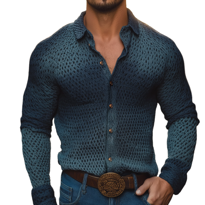 Men's Retro Casual Western Style Gradient Knit Lapel Long Sleeve Shirt MTA1996H1TO