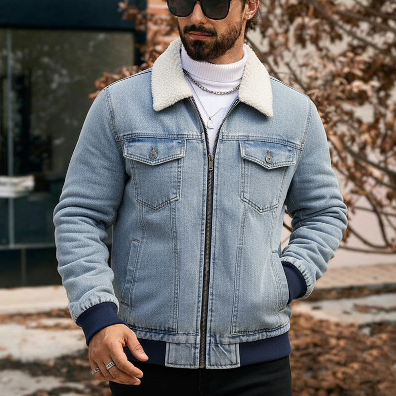 Men's Retro Washed Fleece Collar Zipper Denim Jacket MTA2819J2X