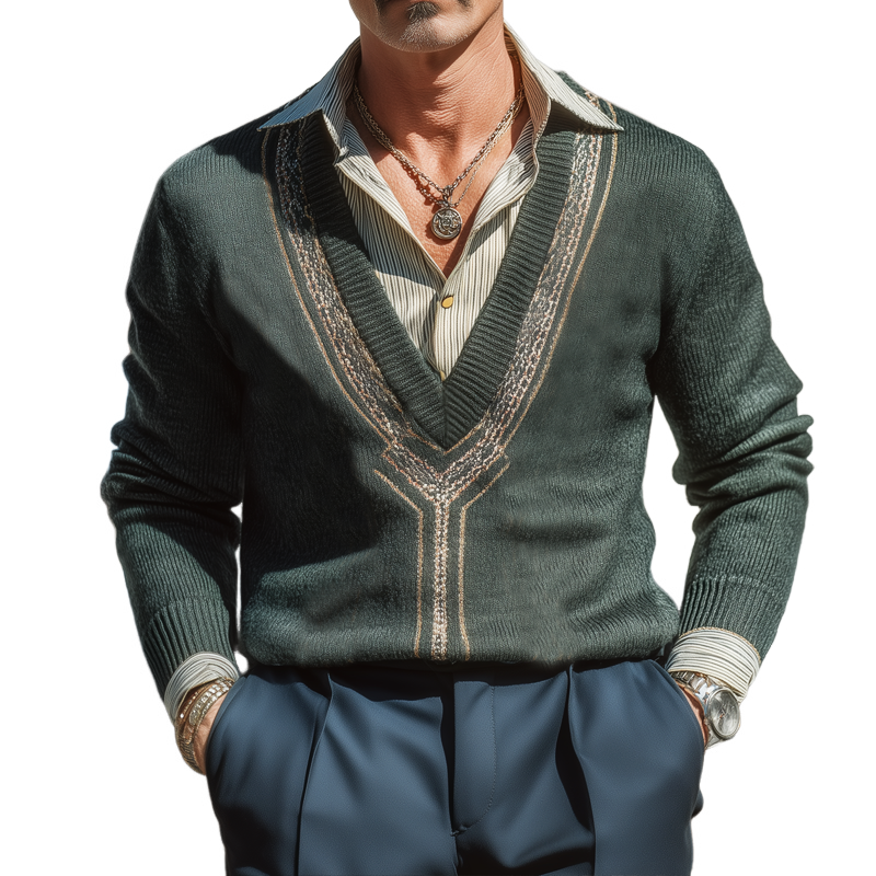 Men's Vintage V-Neck Forest Green Jacquard Knit Pullover Sweater MTA1301I8U