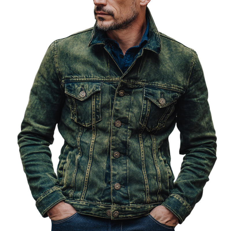 Men's Vintage Distressed Denim Lapel Slim Fit Jacket MTA1369H3X