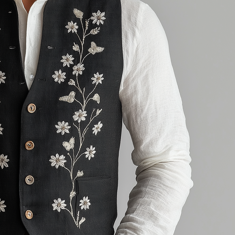 Men's Summer Fashion Cotton And Linen Embroidered Suit Vest MTA1018F1P