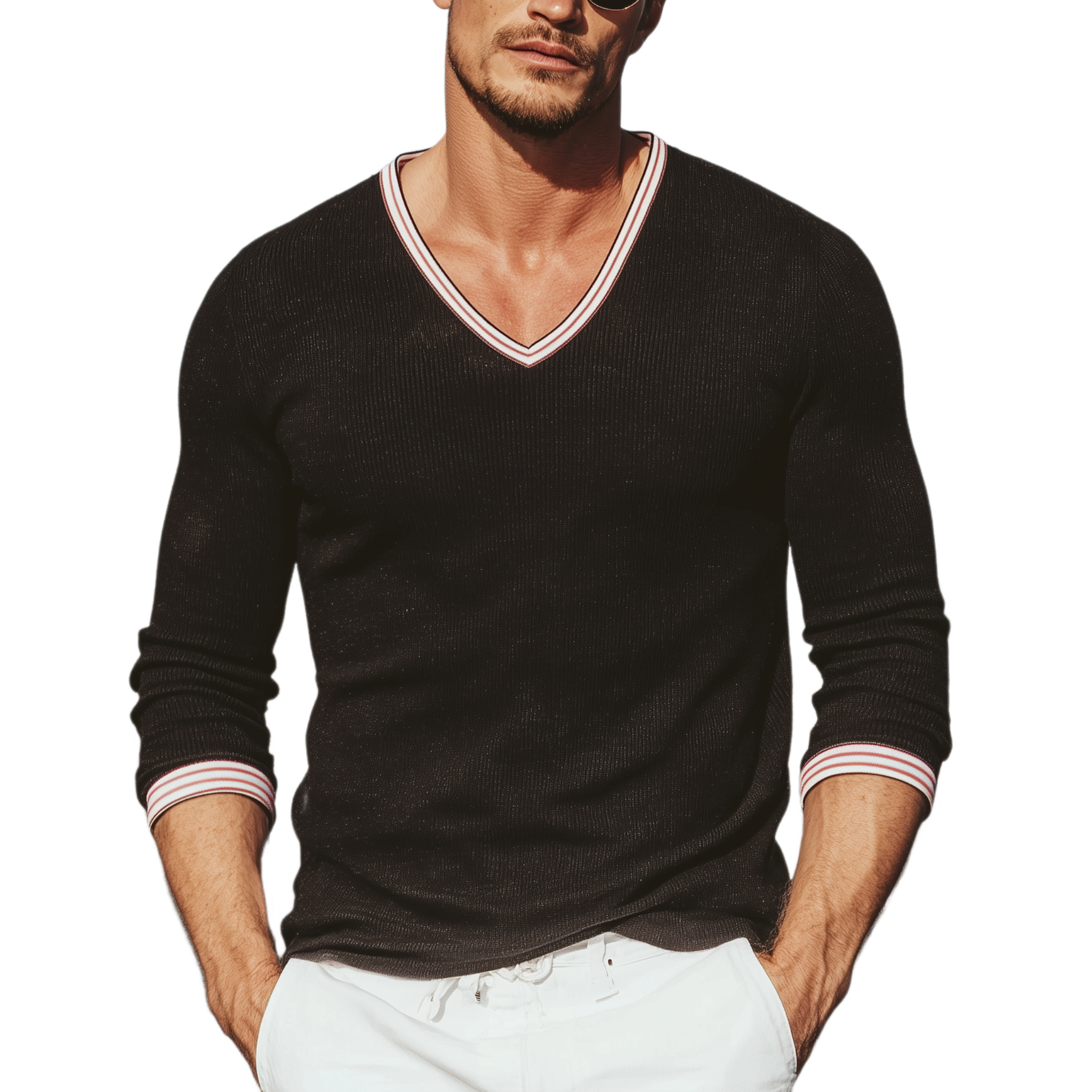 Men's Classic Casual Striped Stitching Colorful Ribbed Webbing V-neck Slim Long-sleeved T-shirt MTA2333G5K