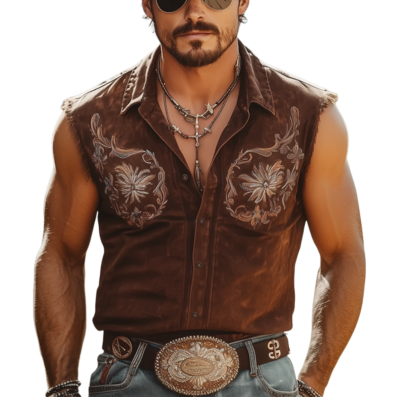 Men's Western Embroidered Denim Button Sleeveless Shirt MTA2327F3U
