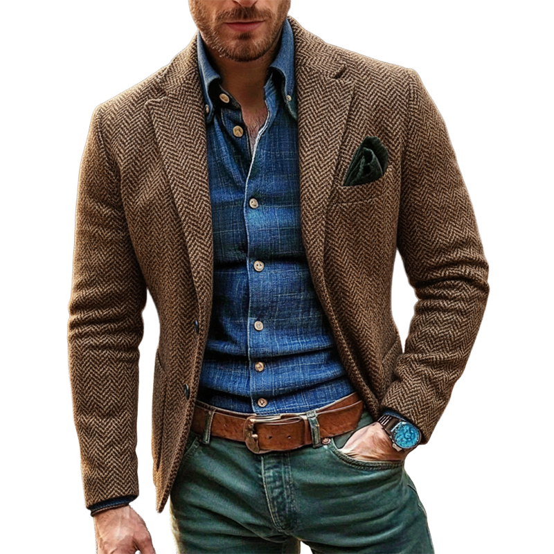 Men's Herringbone Vintage Faux Tweed Lapel Blazer MTA1590J7X