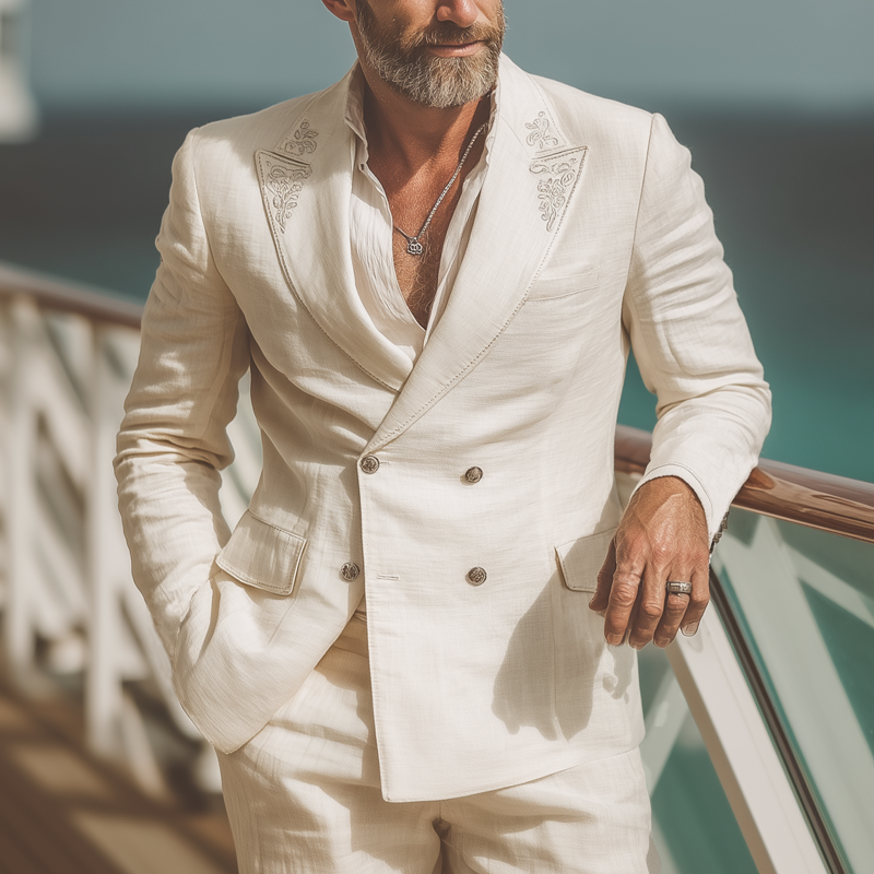 Men's Embroidered Double Breasted Cotton And Linen Blazer MTA1820F2U