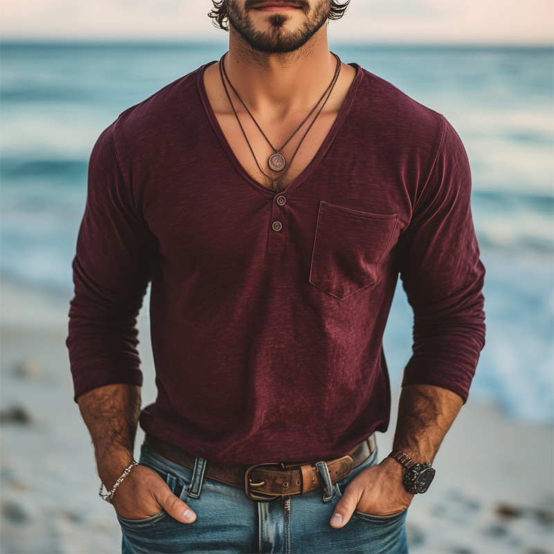 Men's Basic Deep V Neck Cotton Solid Color Long Sleeve T-Shirt MTA2494G0U