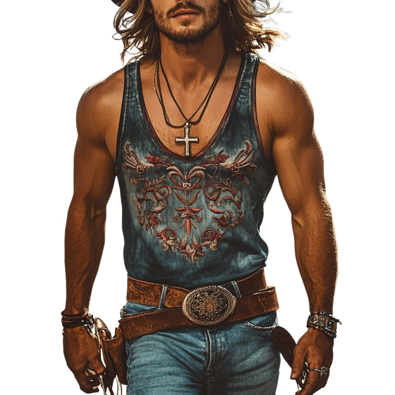 Men's Vintage Western Cowboy Embroidered Denim Tank Tops MTA1325E7X