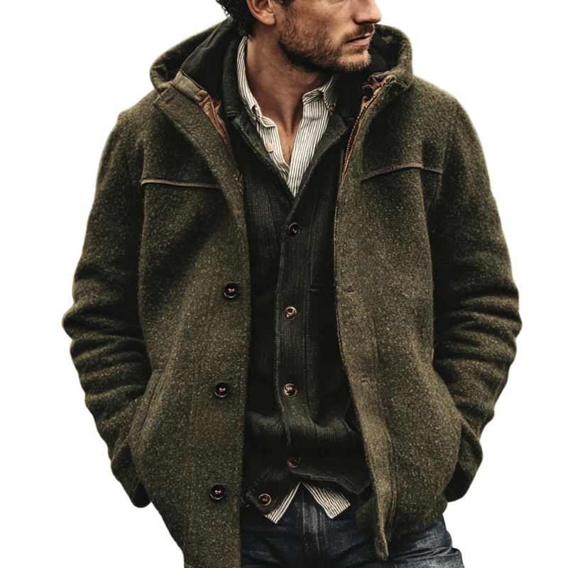 Men's Mixed Color Faux Wool Hooded Single Breasted Jacket MTA0180I5Z