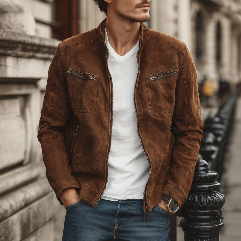 Men's Vintage Faux Suede Stand Collar Zipper Placket Slim Fit Multi-Pocket Cargo Jacket MTA1942H2M