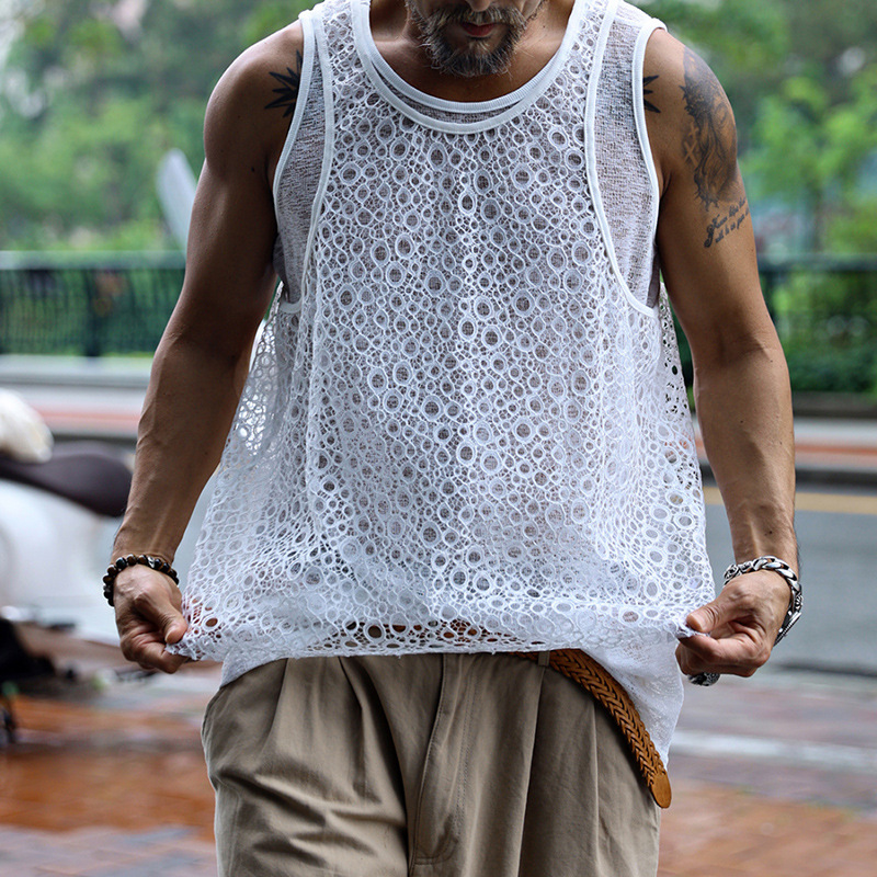 Men's Solid Color Lace Sleeveless Two Piece Tank Top (Including Two Pieces)MTA3044F8X