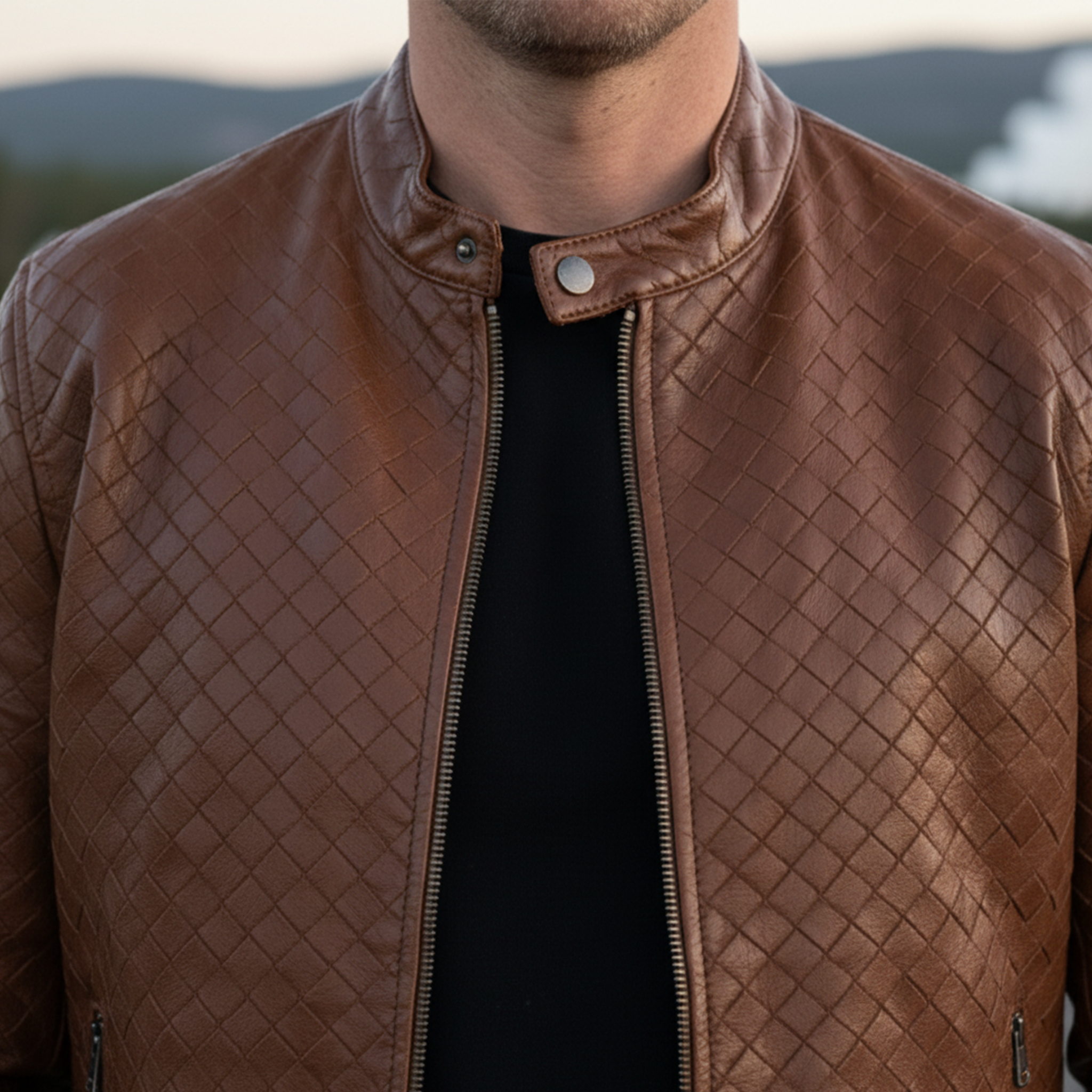 Men's Classic Retro Stand Collar Plaid Texture PU Leather Zipper Jacket MTA1644I8K