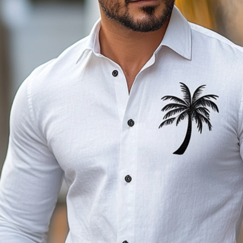 Men's Vintage Casual Cotton Coconut Tree Print Lapel Long Sleeve Shirt 16124514TO