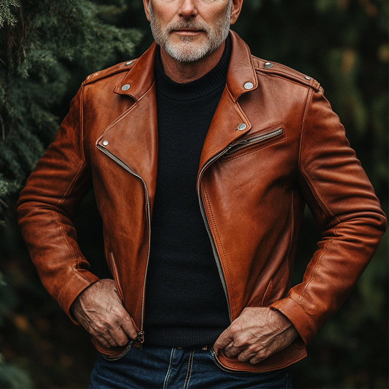 Men's Solid Color Lapel Zipper PU Motorcycle Jacket MTA0465L2X