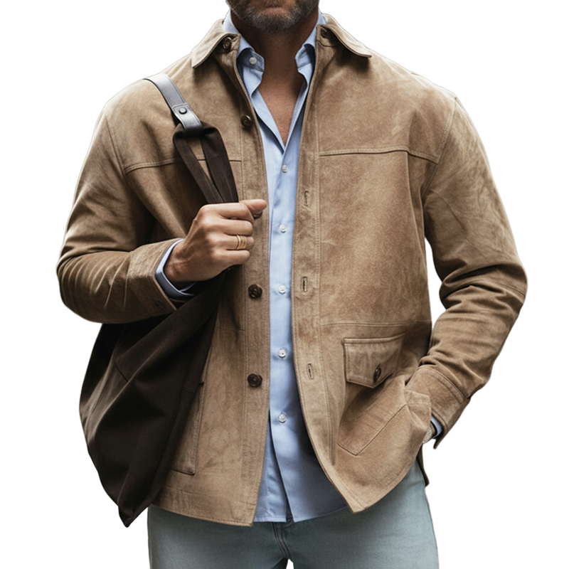 Men's Classic Business Light Khaki Suede Long-sleeved Shirt MTA0597L7U