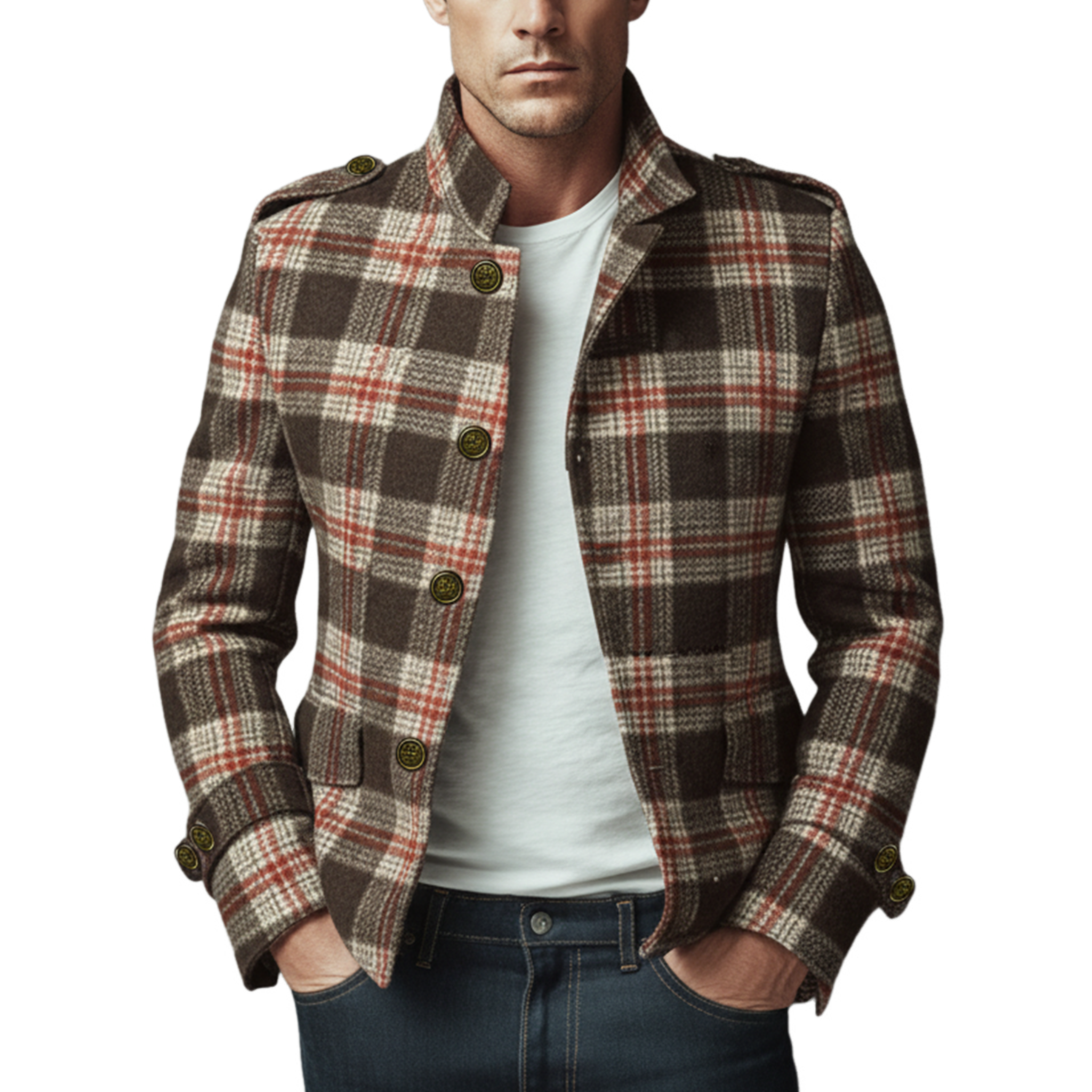Men's Classic Retro Stand Collar Plaid Faux Woolen Slim Jacket MTA2982I9K