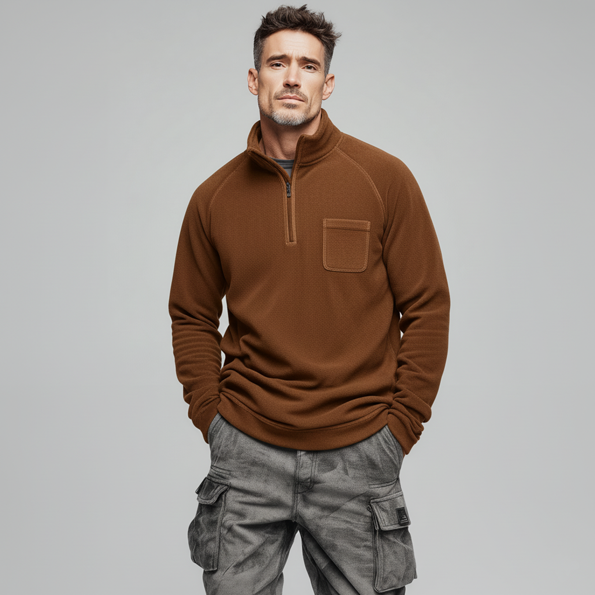Men's Classic Casual Western Tough Style Dralon Warm Skin-friendly Stand Collar Zipper Sweatshirt MTA2193J7K