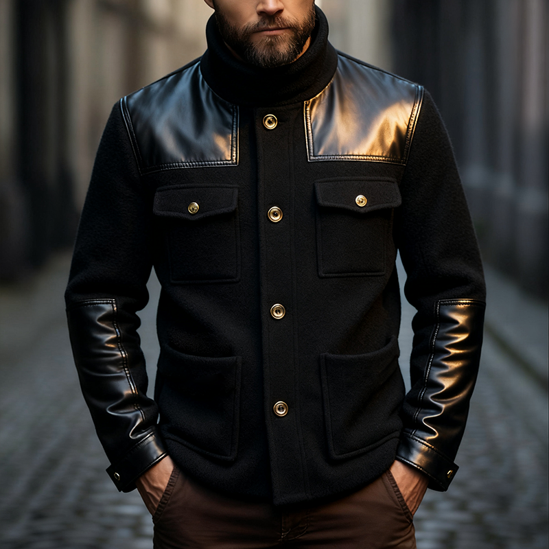 Men's Retro Casual Faux Leather Stitching Stand Collar Multi-Pocket Button Jacket MTA2467J1TO