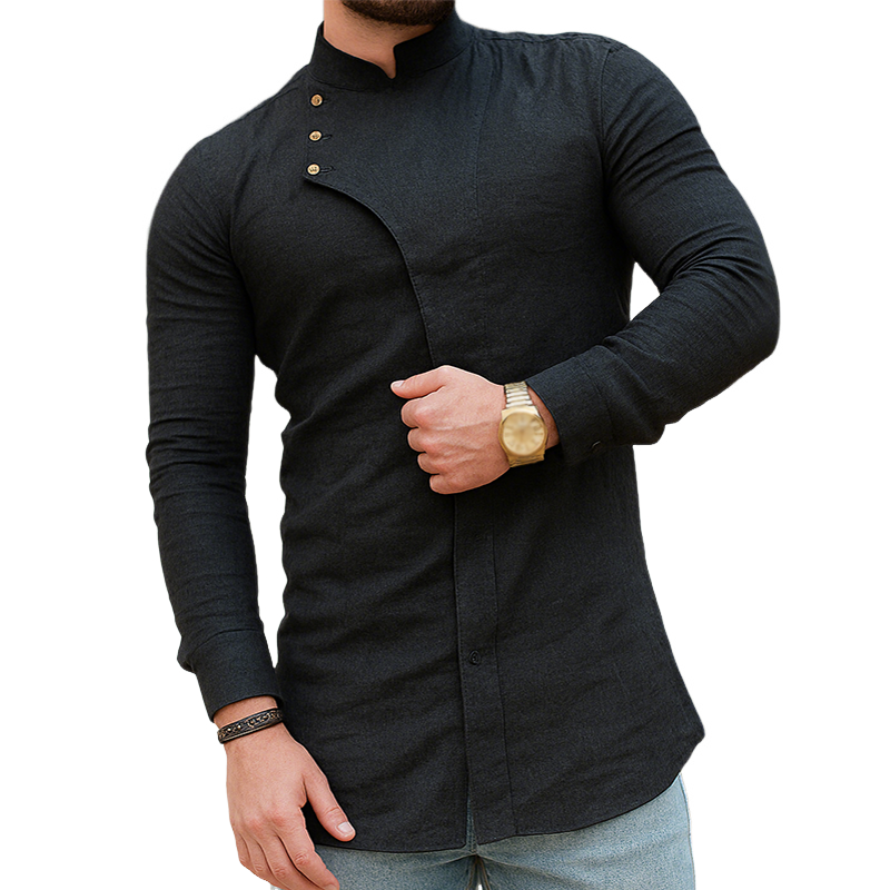 Men's Retro Casual Solid Color Cotton And Linen Stand Collar Long Sleeve Shirt MTA2847G7TO