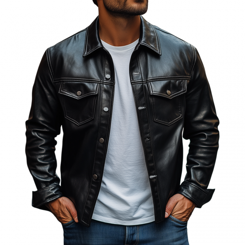 Men's Vintage Solid Color PU Lapel Flap Chest Pocket Loose Long Sleeve Shirt Jacket MTA1893H9M