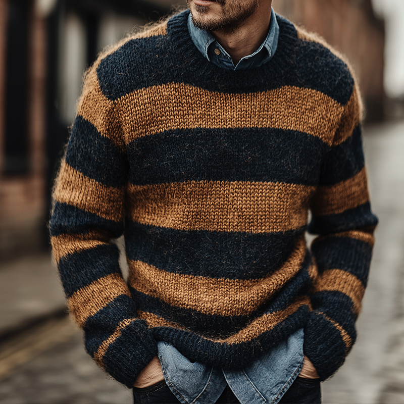 Men's Retro Casual Striped Colorblock Crew Neck Sweater MTA1027J9TO