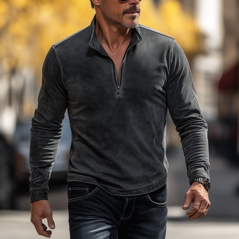 Men's Vintage-style Faux Suede Half-zip Long-sleeved T-shirt MTA1081L2P