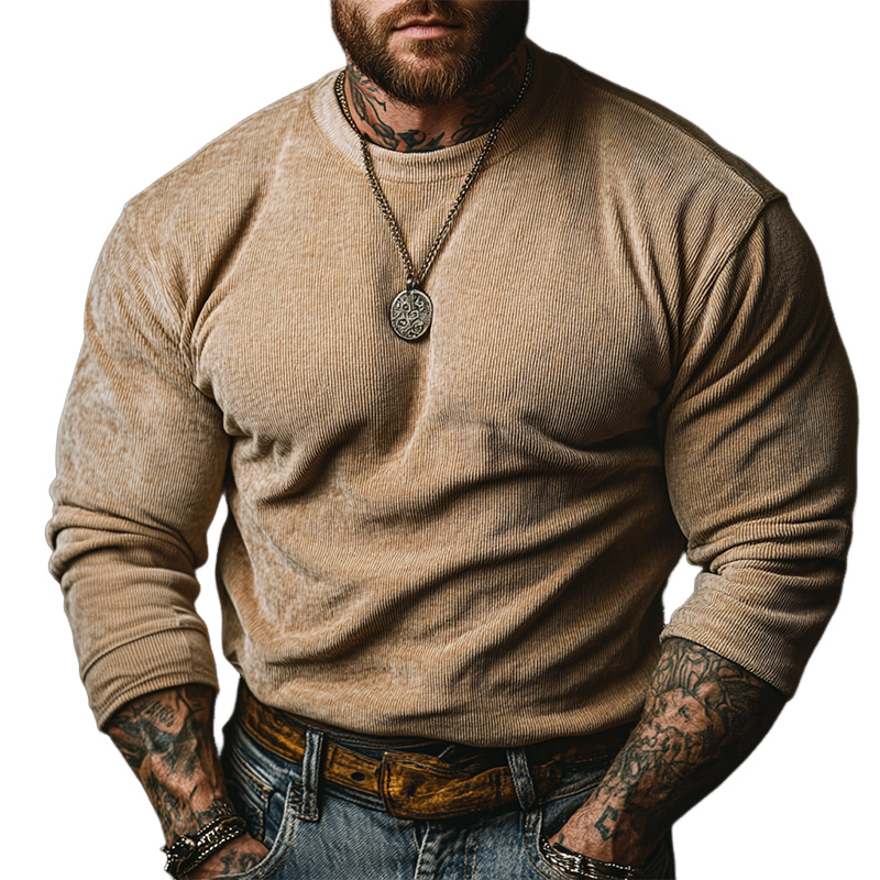 Men's Retro Solid Color Crew Neck Corduroy Long Sleeve Sweatshirt MTA3036J3X