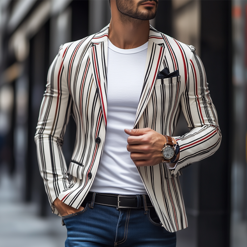 Men's Fashion Spring and Summer Casual Slim Contrast Striped Single-breasted Blazer 05379370K