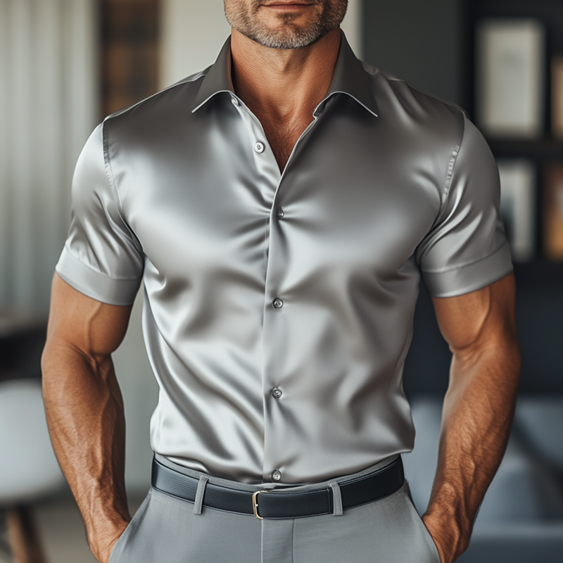 Men's Summer Basic Solid Color Satin Short Sleeve Shirt MTA1048F7U