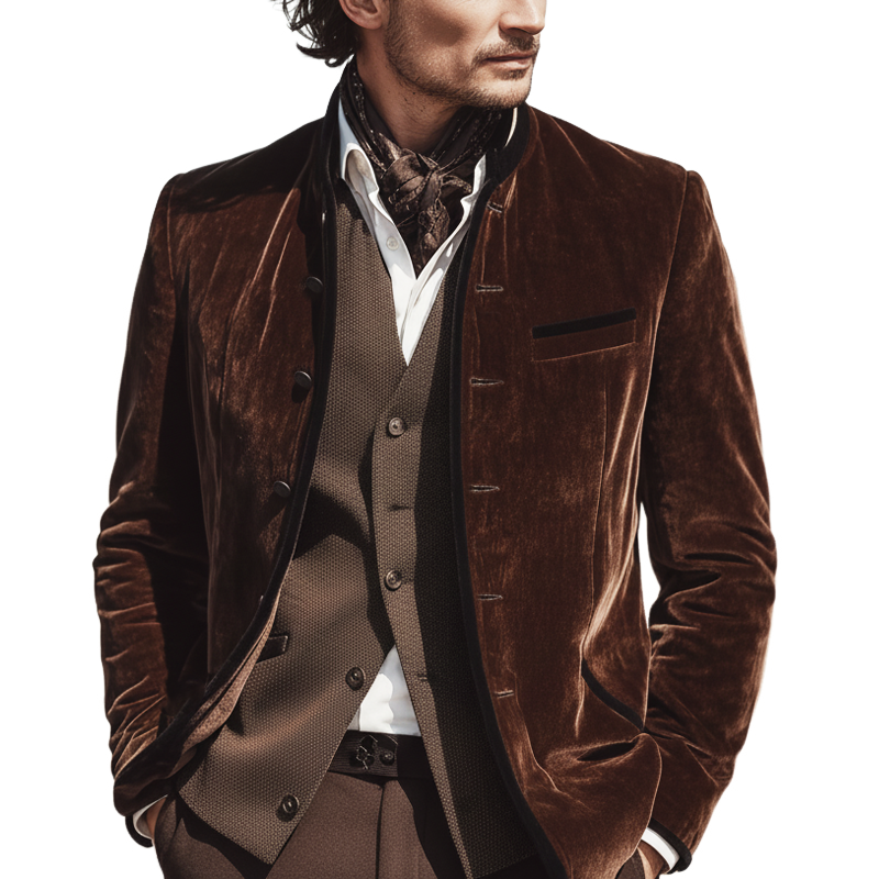 Men's Retro Velvet Stand Collar Double Slit Slim Fit Jacket MTA2279K8U