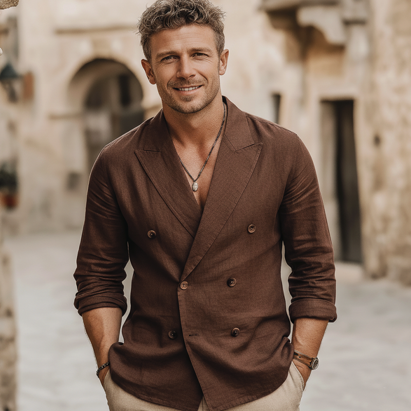 Men's Classic Business Brown Cotton Linen Double-Breasted Long-Sleeve Shirt MTZ1091B6U