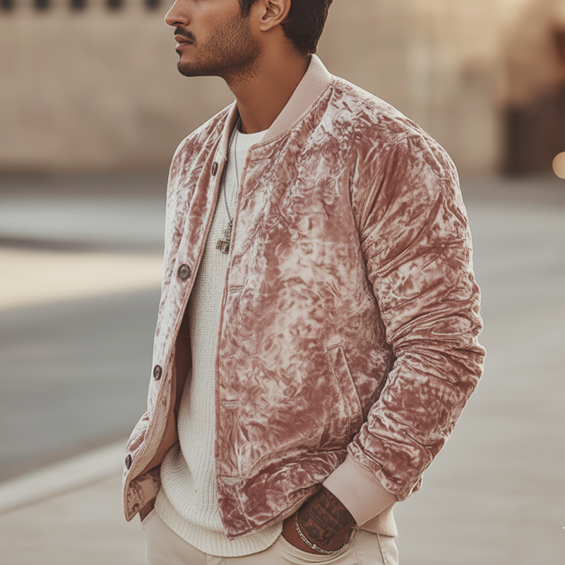 Men's Urban Light Pink Velvet Button-up Baseball Jacket MTA0470L8U