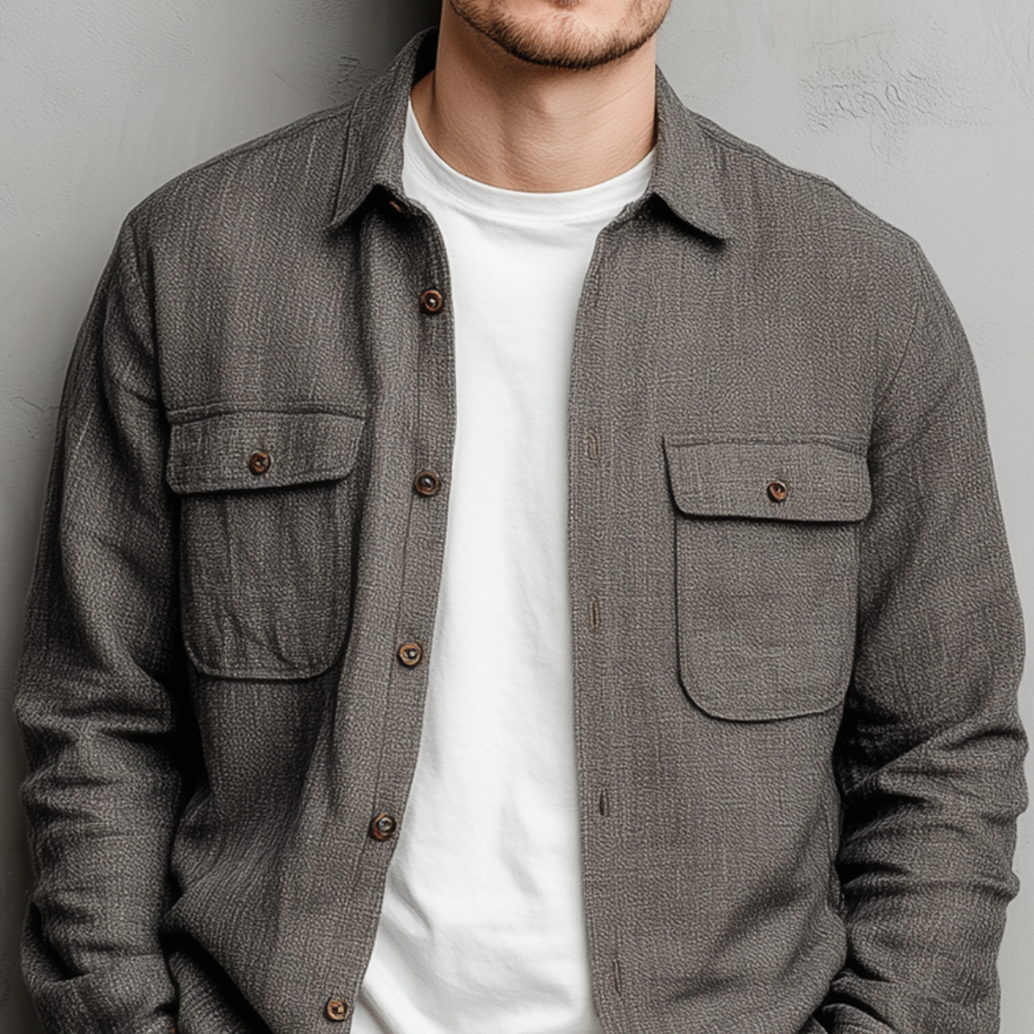 Men's Classic Casual Cotton And Linen Blended Color Textured Pocket Long Sleeve Shirt MTA2894G7K